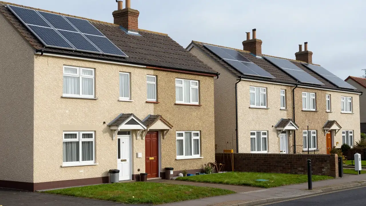 A quiet street of pebbledash semi-detached houses, several with black solar panels on the roof, and grass verges